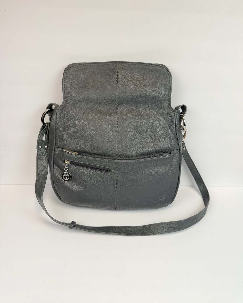 Valleverde Gray Leather Flap Crossbody Bag